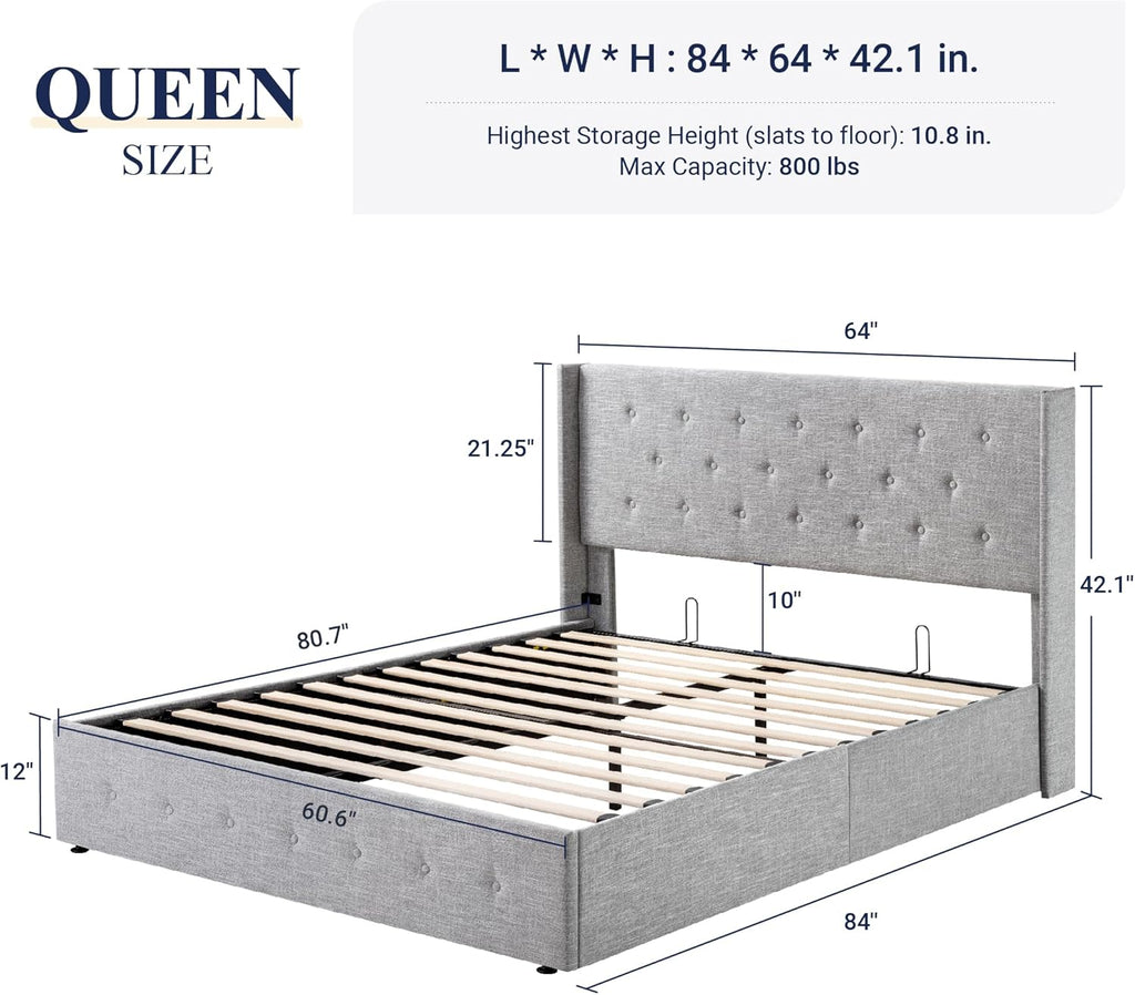 ALLEWIE Queen Size Lift Up Storage Bed with Wingback Headboard