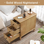 Fully Assembled Narrow End Table, Solid Wood Side Table with 3 Drawers, Vintage Nightstand Slim Bedside Table for Small Spaces